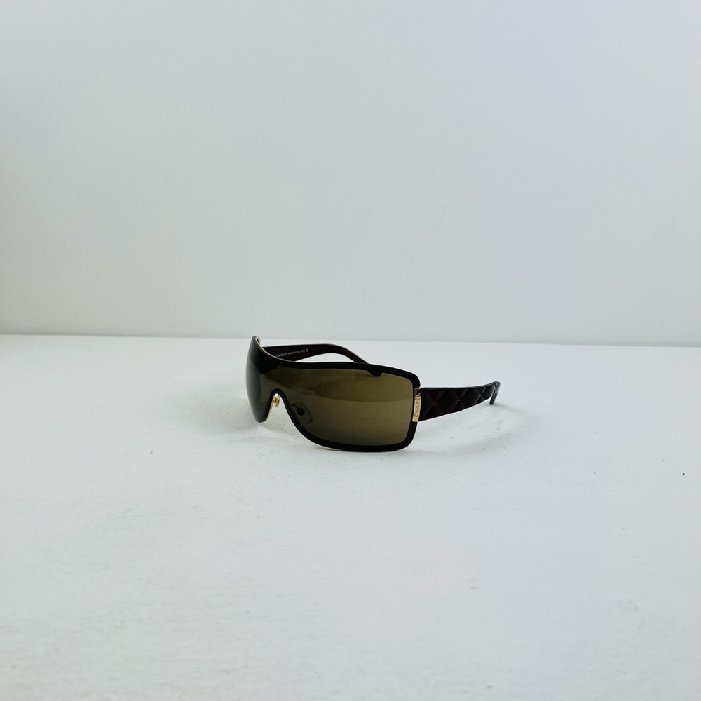 Chanel Y2K 00’s Dark Brown Logo Shield Wrap Around Quilted Sunglasses - Picture 1 of 11